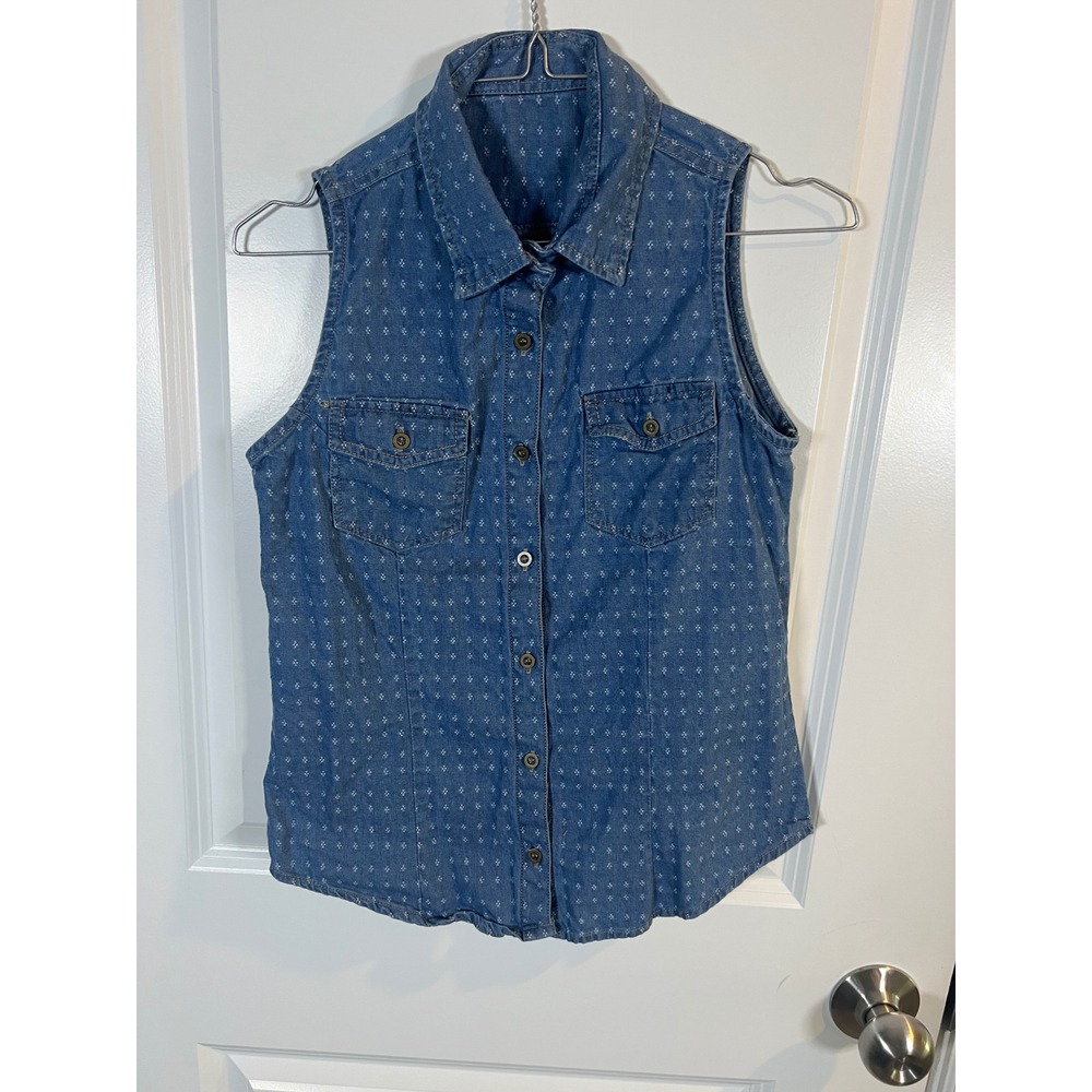Eva Castillo Womens Sleeveless Shirt Micro Print Blue 15.5 Pit to Pit